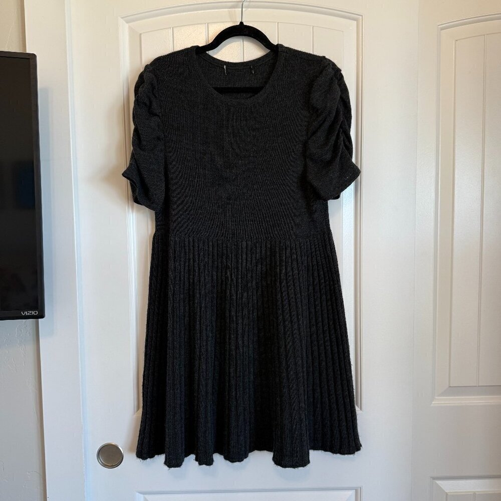 Dark Grey Sweater Dress A-Line Puff Sleeves Women's Xl